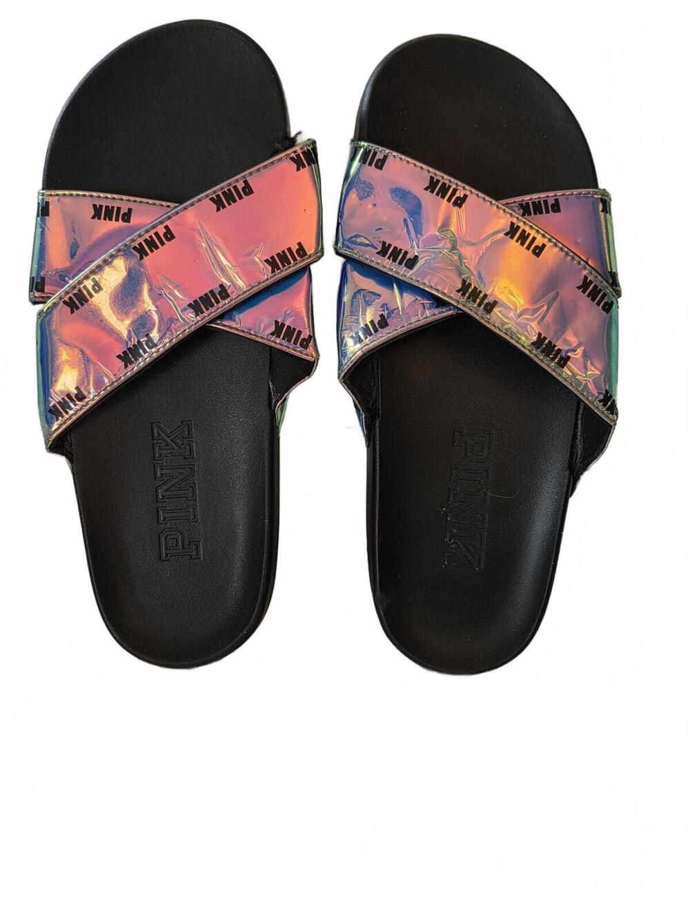 Victoria’s Secret PINK Iridescent Holographic Crisscross Strap Slides Black Sz 8